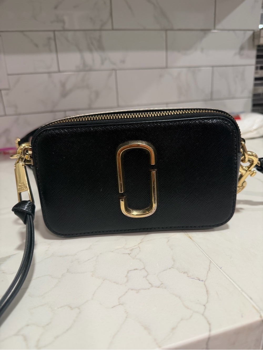 Marc Jacobs Black Crossbody Camera Bag with Gold Hardware